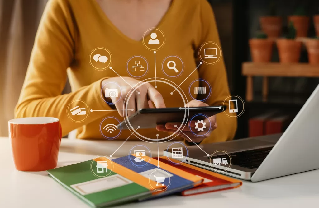 Social media Marketing virtual icons screen tablet.